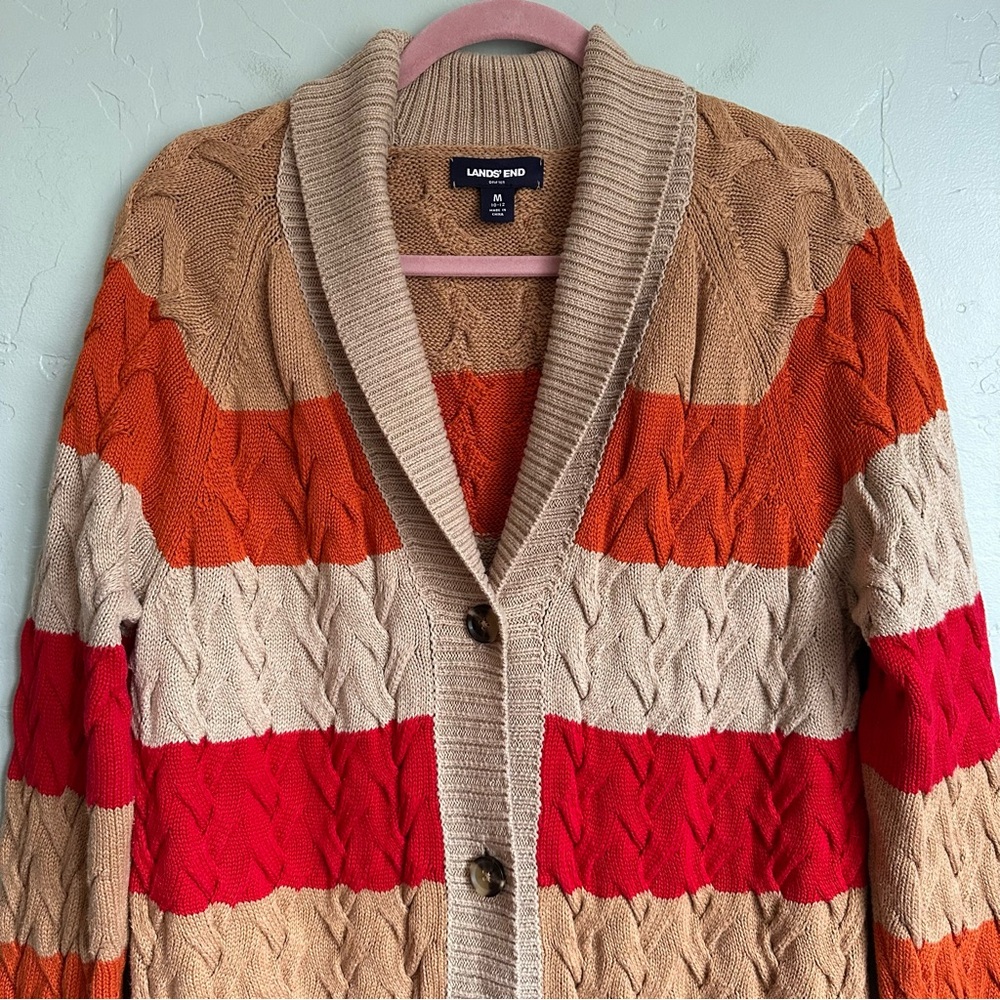 Lands' End Women Coastal Drifter Striped Cable Knit Cardigan Sweater Medium EUC - Picture 2 of 6